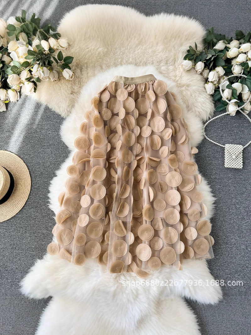 Heavy Industry Three-Dimensional Wave Dot Black Mesh Skirt 2025 New Design Sense Mid-Length Umbrella Skirt
