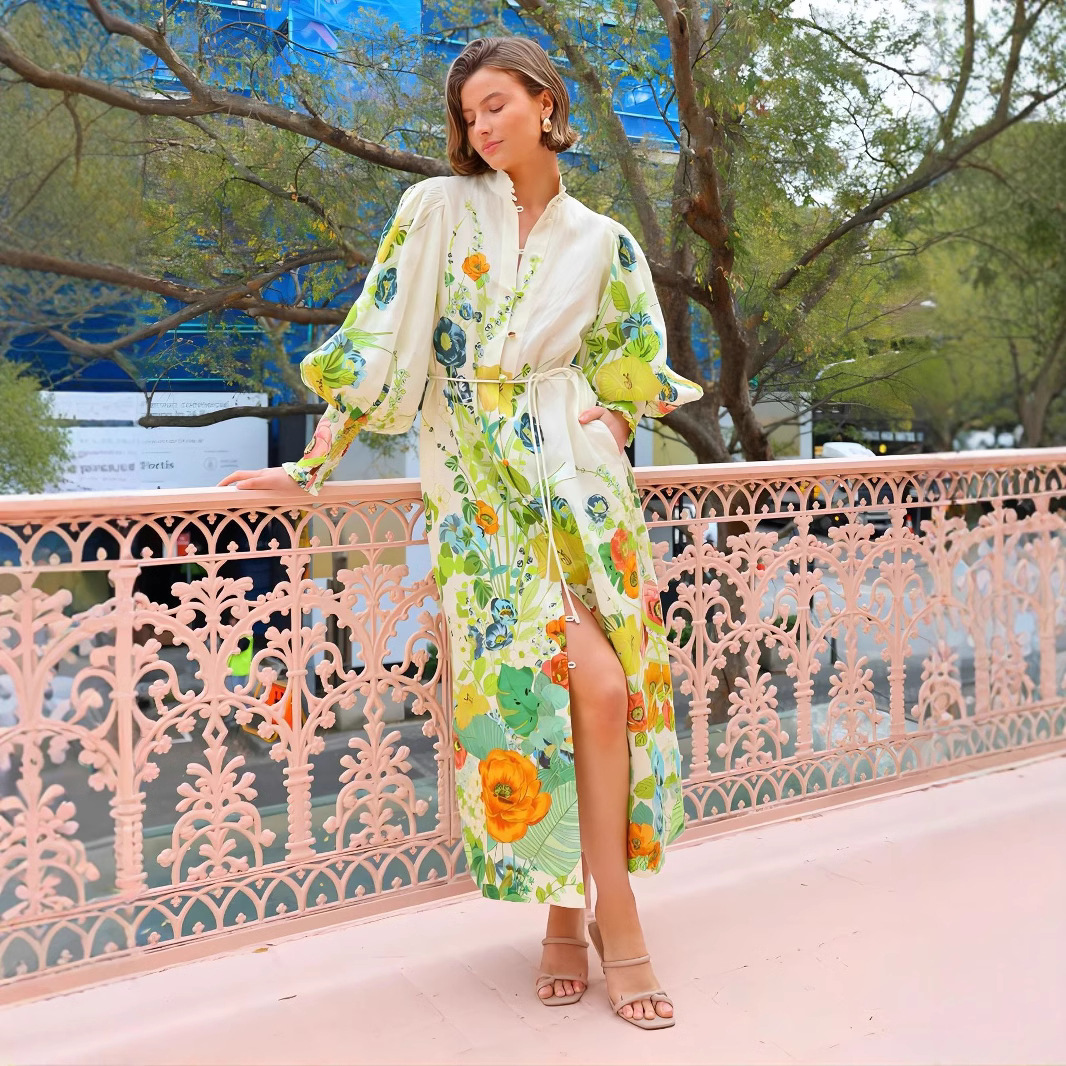 European and American Cross-border 2024 AliExpress Independent Station Single-breasted Long Lantern Sleeve Graffiti Printed Lace-up Waist dress