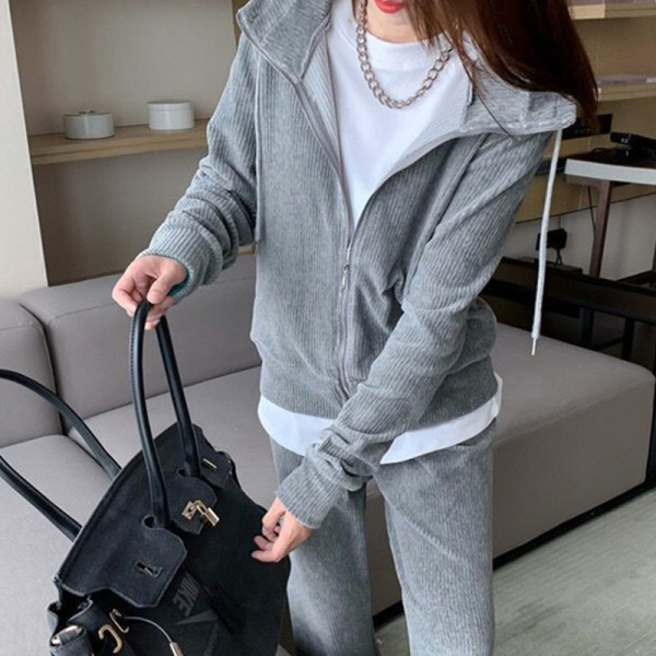 Leisure Sports suit 2024 Spring and Autumn New Loose Slimming Hooded Cardigan Sweater Jacket Two-piece Set for Hair