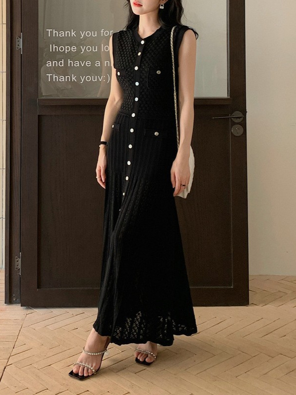 Cross-Border French S Brand 2025 Summer New Sleeveless Knitted Dress Hollow Slim Fit Chanel-Style Long Black Dress