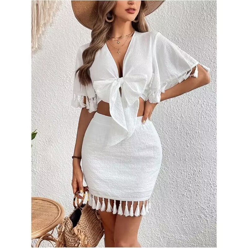2024 Europe and the United States cross-border e-commerce factory supply women's summer bow tassel mini 2-piece skirt set