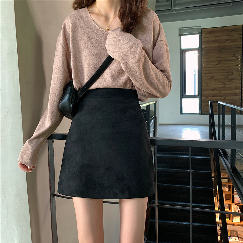 High waist hip skirt short skirt deerskin velvet skirt women's autumn and winter slimming A- line skirt 2023 new pink skirt