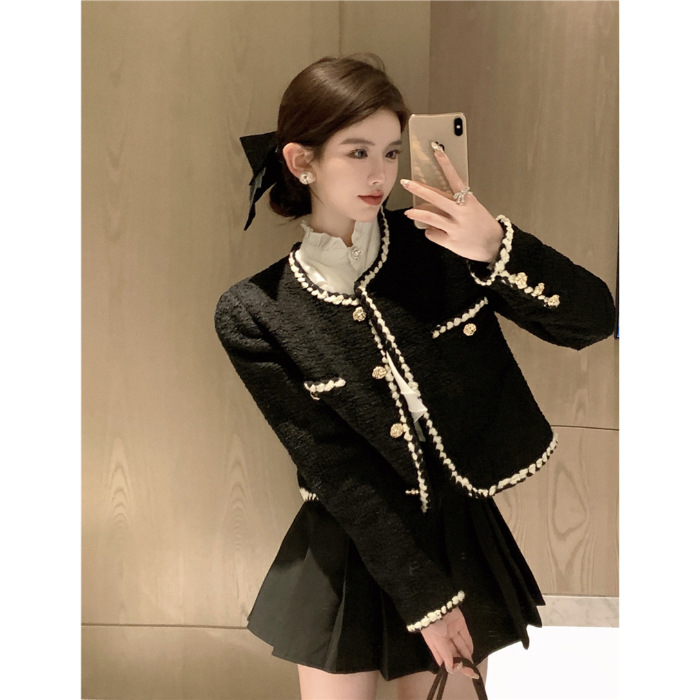 Picture of Rich Daughter Tweed Style Short Outwear 2024 Autumn and Winter New Slim and Versatile Retro Duffle Elegant Black Top