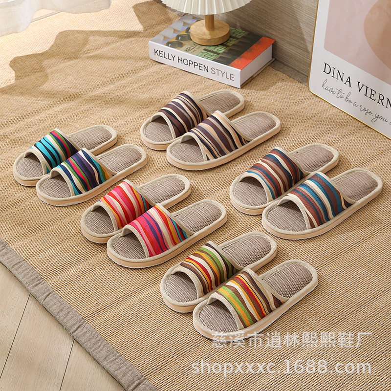 2025 New Corrugated Cotton and Linen Hotel Ladies Spring, Autumn and Summer Home Couple Linen Thick-Soled Four-Season Sandals and Slippers