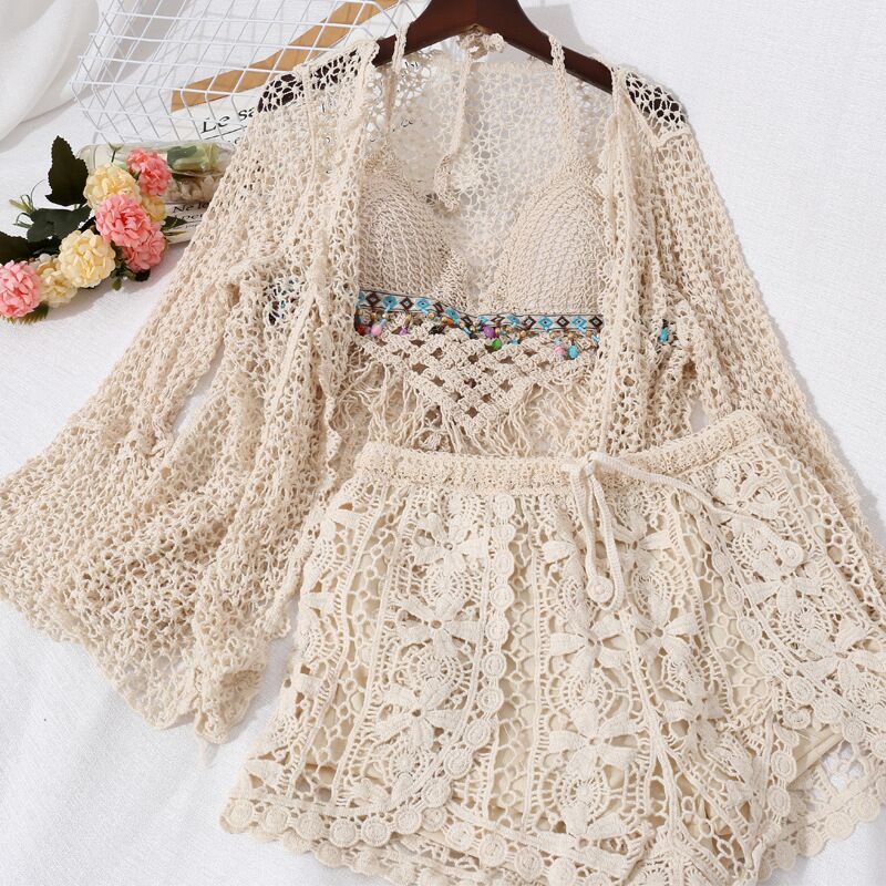 New Seaside Vacation Backless Strappy Tube Top + Casual Shorts + Cut Out Lace Sun Protection Shirt Three-Piece Set