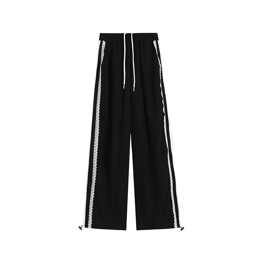 Picture of [Brocade Cotton Wrinkle] Lace Edge Wide Leg Cargo Pants Women's Summer Thin Loose High Waist Striped Casual Straight Sports