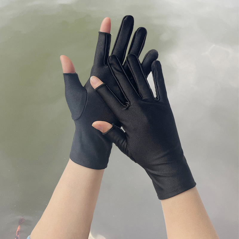 Spring and Autumn Women Leak Two Fingers Tea Picking Gloves Ice Silk Elastic Leak Half Tight Dew Two Fingers Thin Sunscreen Driving