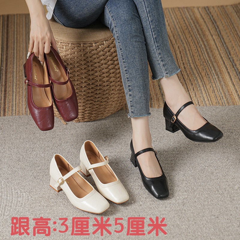 2023 New French Style Low Heeled Square Toe Shallow Mouth Single Shoes Women's Soft Bottom Flat Shoes Design Sense Niche Spring and Autumn Fashion