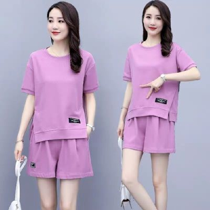 Picture of 2022 New Arrival Korean Style Fashionable Round Neck Short-Sleeved Wide-Leg Shorts Casual Running Two-Piece Sportswear Suit for Women