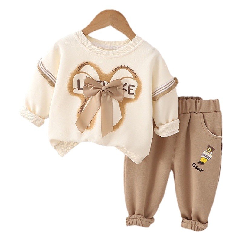 Autumn New Casual Sports Lace Lace Bow Long Sleeve Two-piece Fashionable Girls' Fashion Long Sleeve Suit