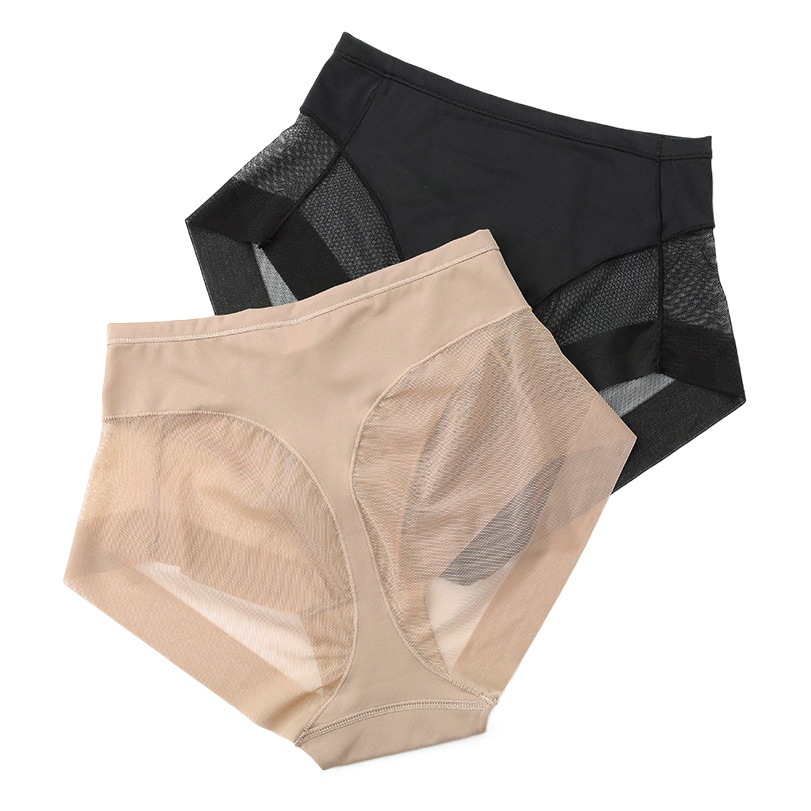 Cross-Border European and American Mid-Waist Women's Briefs, Transparent Mesh Briefs, Waist and Tummy Control, Comfortable Ice Silk Women's Underwear, Large Size