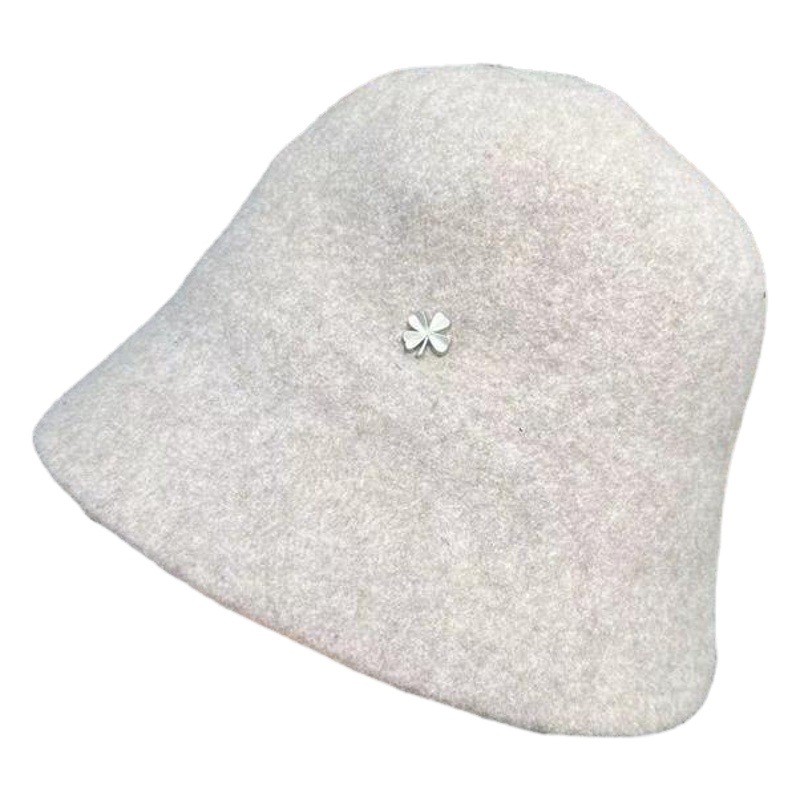 Australian Wool Dome Small Basin Hat for Women in Autumn and Winter Warm Four-Leaf Clover Logo Literary Casual Lady Fisherman Hat