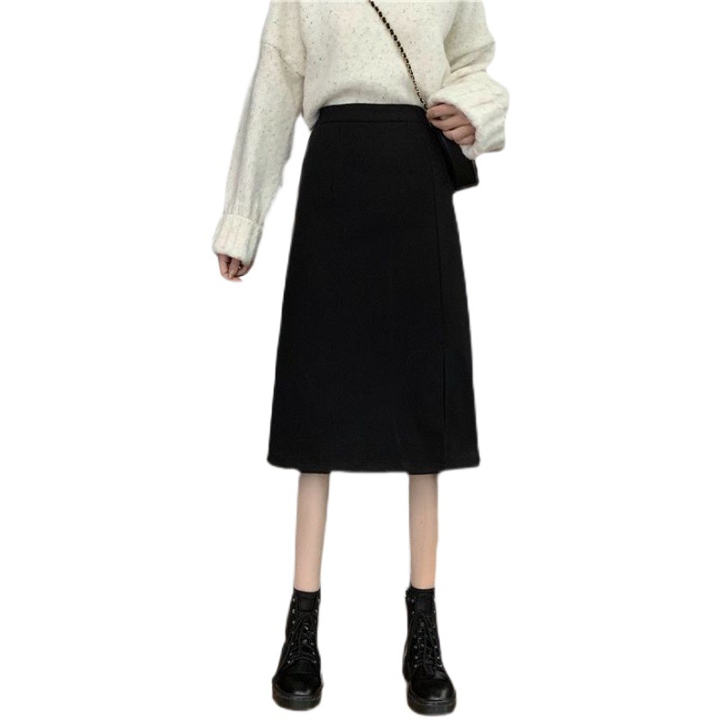 Split Skirt Women's High Waist Spring and Autumn New Large Size Chubby Girls Black Slim Look Straight Elegant Casual Mid-Length Skirt
