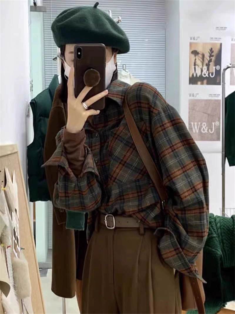 Cross-Border American retro plaid shirt women's autumn and winter 2023 new outer wear loose lazy inner shirt coat