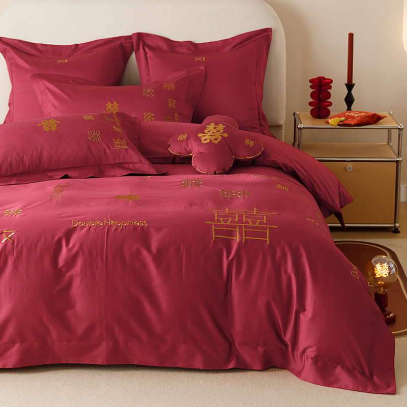 Picture of Baixi new Chinese wedding long-staple cotton satin wedding four-piece cotton cotton embroidered red bedding