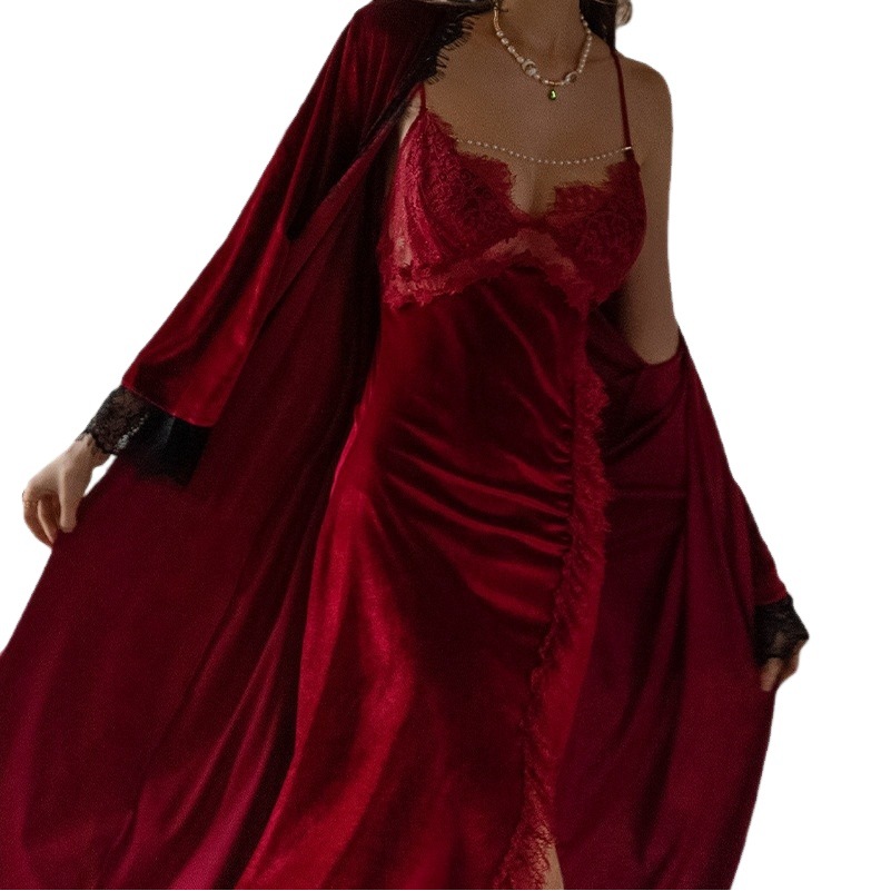 European and American Bead Chain Loose Split Slip Long Sexy Pajamas Women's Home Clothes plus size Nightgown Velvet Long Dress