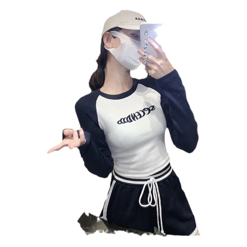 Short Embroidered Shoulder T-Shirt Women's Long-sleeved All-match Spring and Autumn New Slim-fit Stylish Fashionable Base Shirt Inner Top