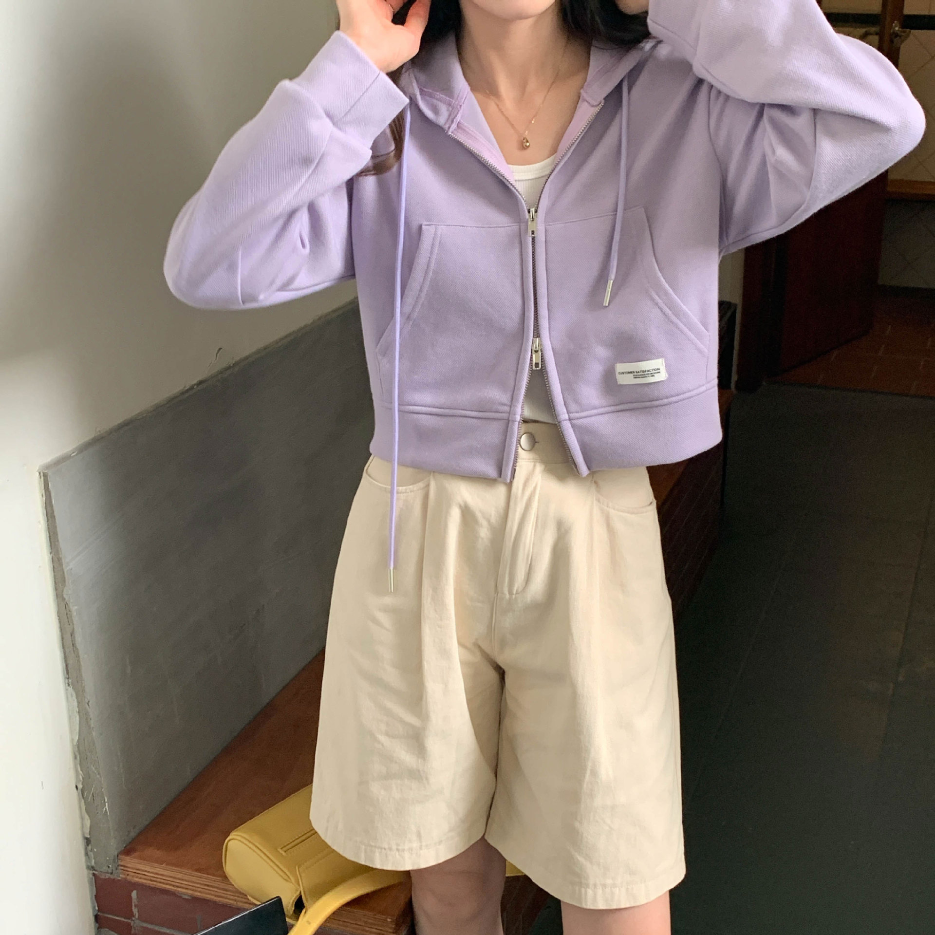 Picture of Thin Cotton Sweatshirt Women's Short Design Spring and Summer Short Pink Top Casual Hooded Cardigan Zipper Jacket