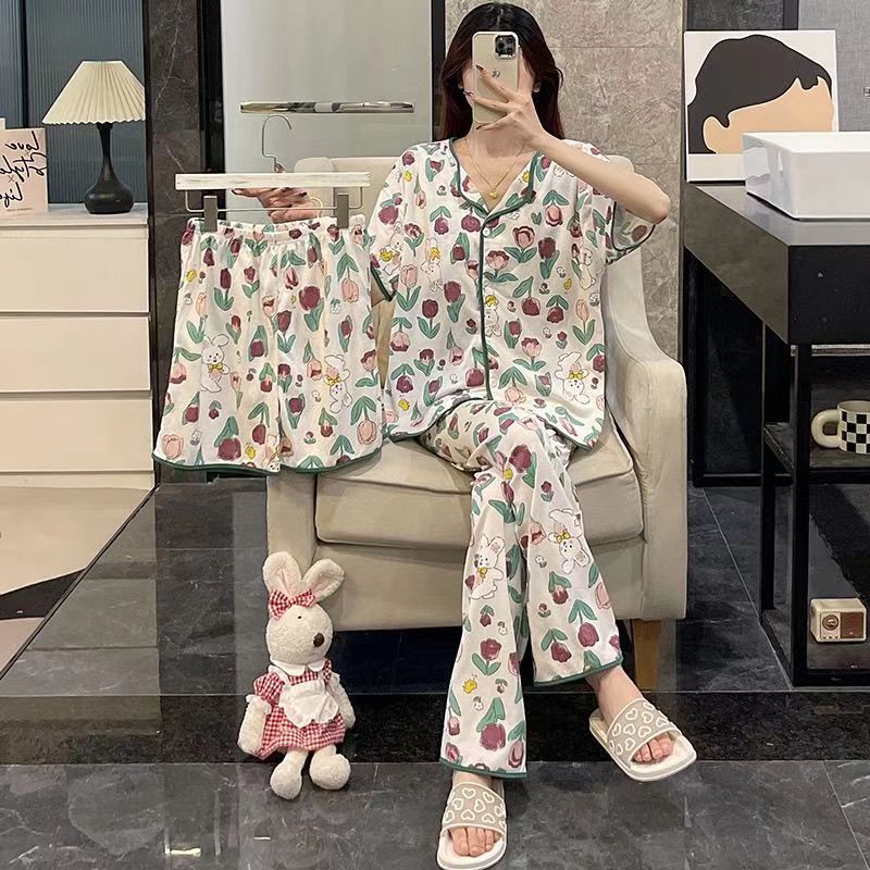 Cross-Border Padded Pajamas for Women, Summer Cardigans, Short-Sleeved Shorts, Trousers, European and American Style Home Clothes Three-Piece Suit