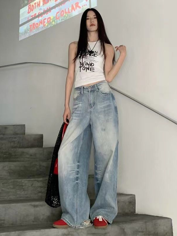 2025 Spring and Autumn American Street Distressed Washed Light Color Washed Scratched Retro White Straight-Leg Leg Wide Leg Jeans