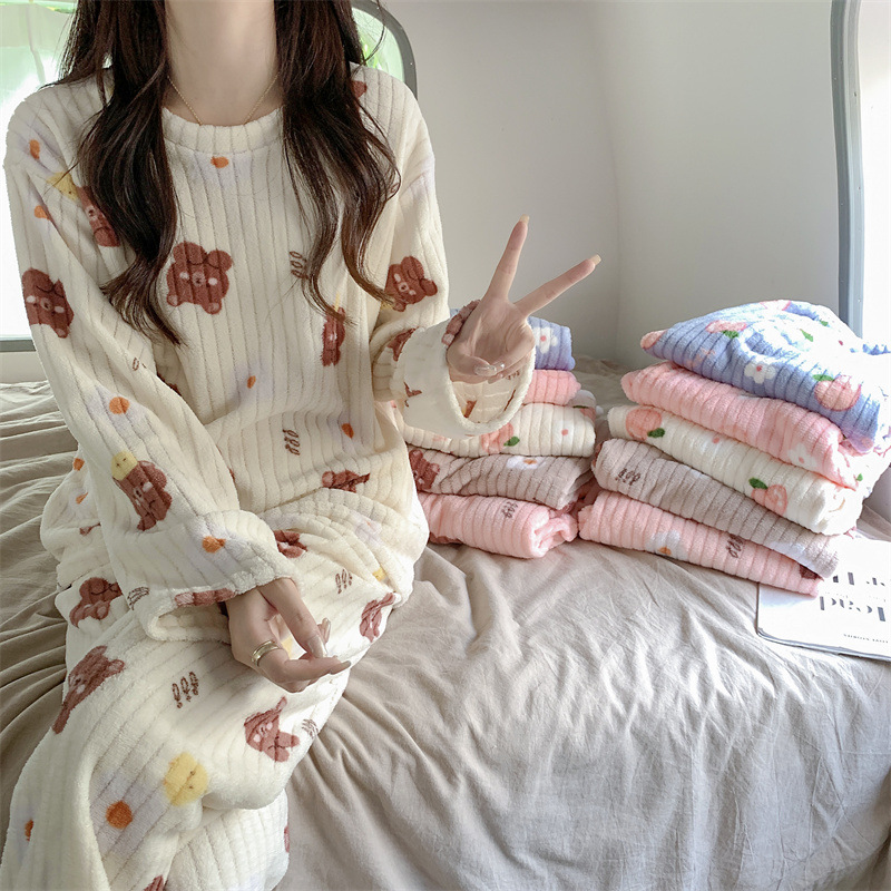 Cartoon Coral Velvet Pajamas Autumn and Winter Long-Sleeved Thickened Velvet Flannel Winter Home Wear Set