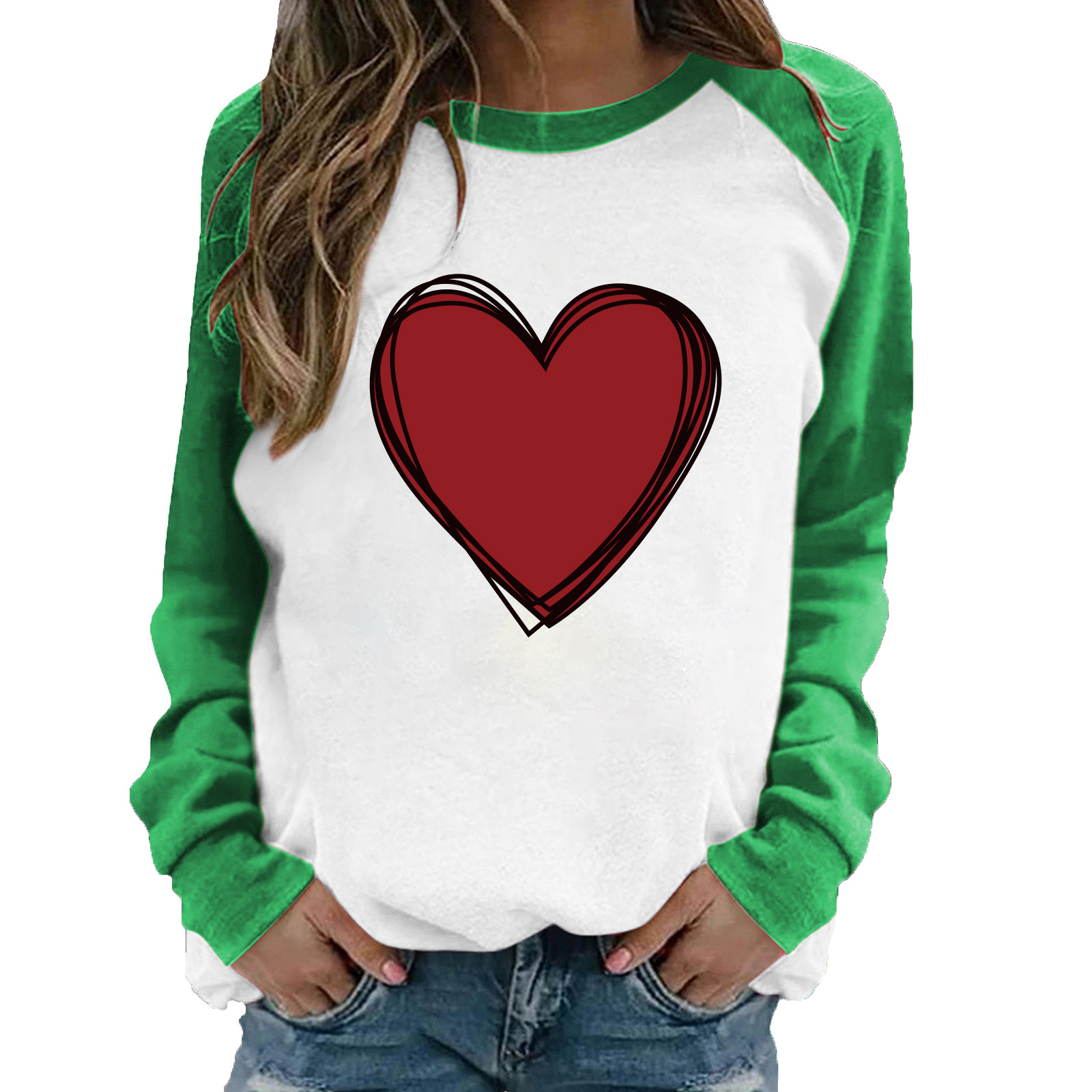 Autumn women's long sleeve Valentine's Day women's long sleeve love printing manufacturers wholesale European size long sleeve round neck cotton long sleeve