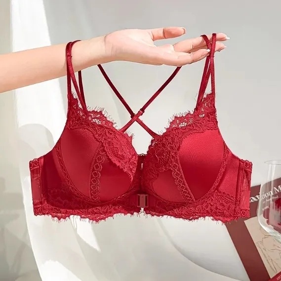 Red Small Breast Push-Up Bra for Women Wedding Bride 2025 New Animal Year Lace Pure Lust Bra Set