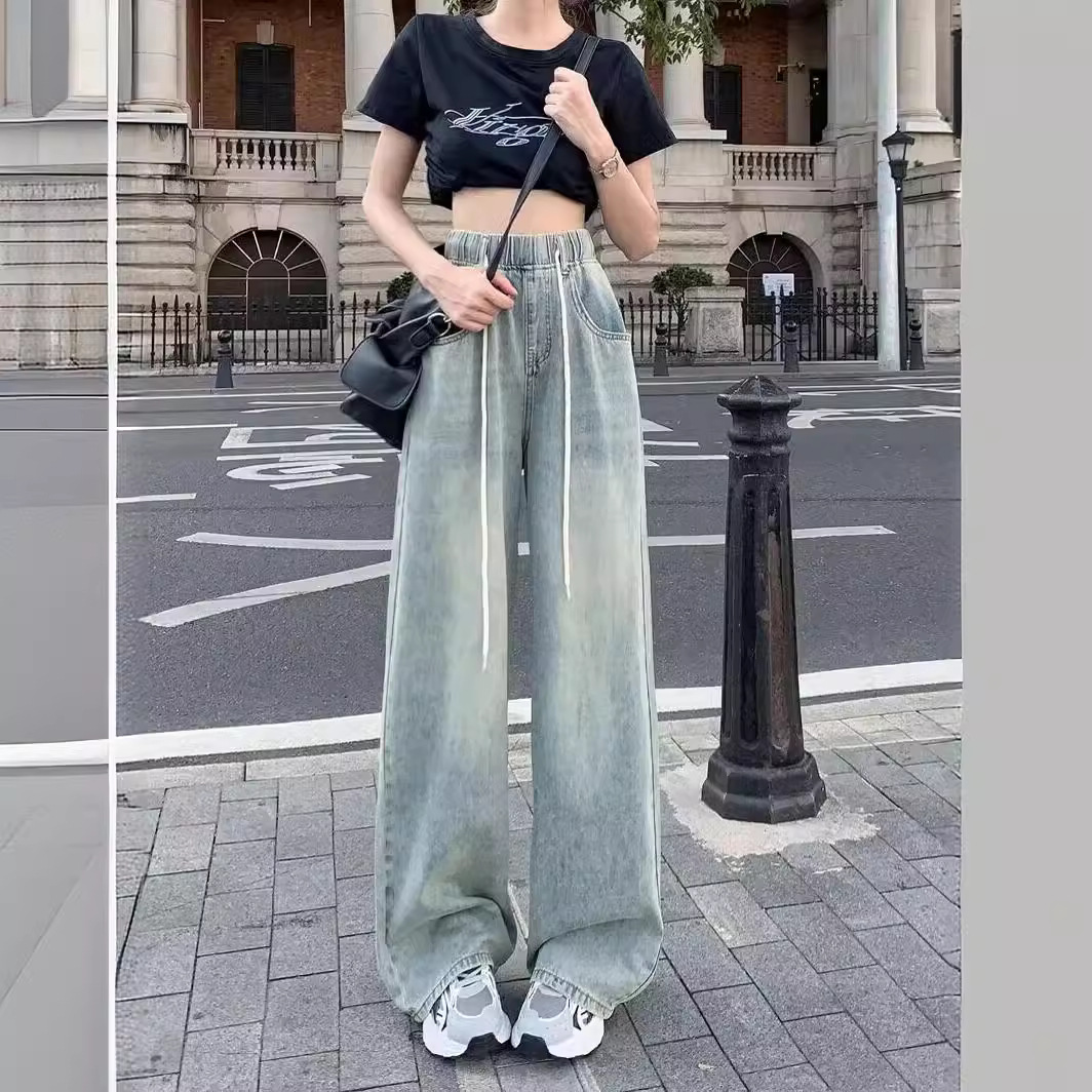 American Retro Jeans for Women in Autum Drawstring Design Straight-leg Draped Floor-length Pants Loose Wide-leg Pants Trendy