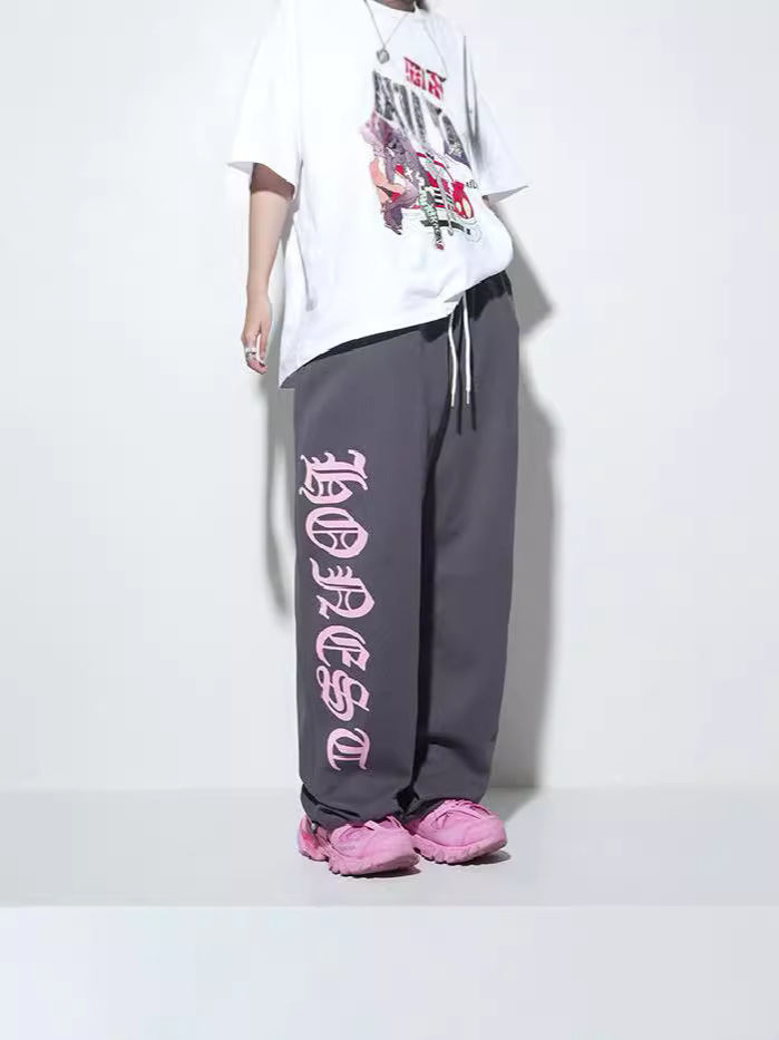 2025 Spring and Autumn New dark gray Drawstring Design Sense Printed Letter Trousers Hip-hop Loose Casual Sports Pants for Women