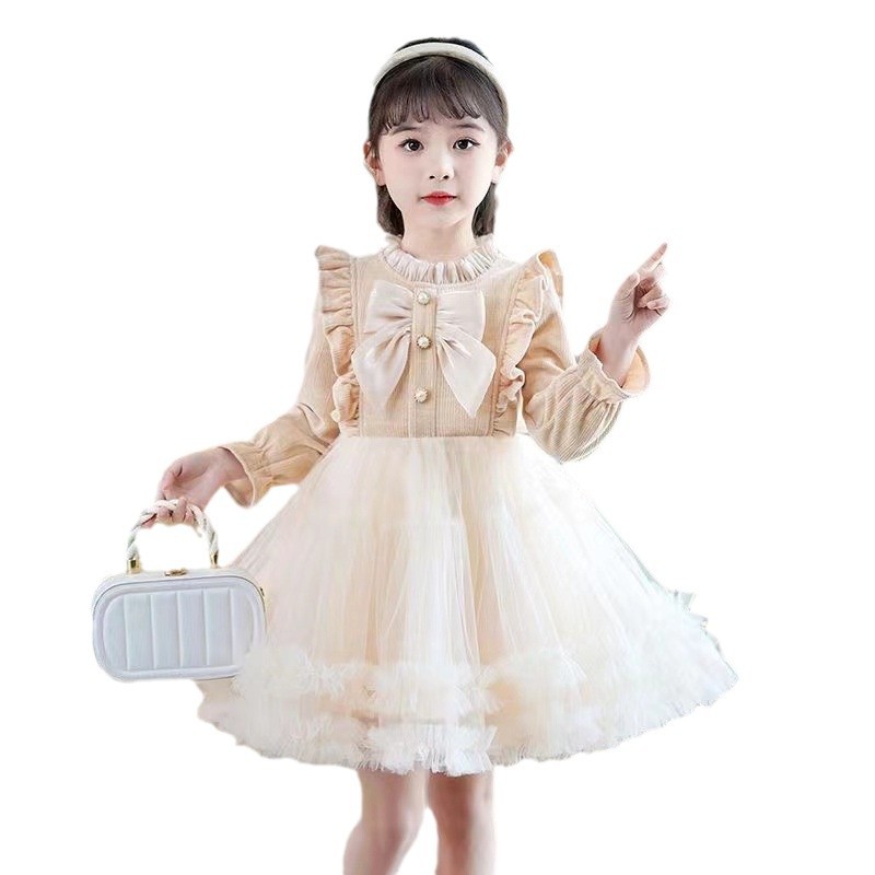 Picture of Designed Girls' Long-Sleeved Dress 2024 Autumn and Winter New Style Bow-Knot Fashionable and Sweet First Birthday Cake Dress