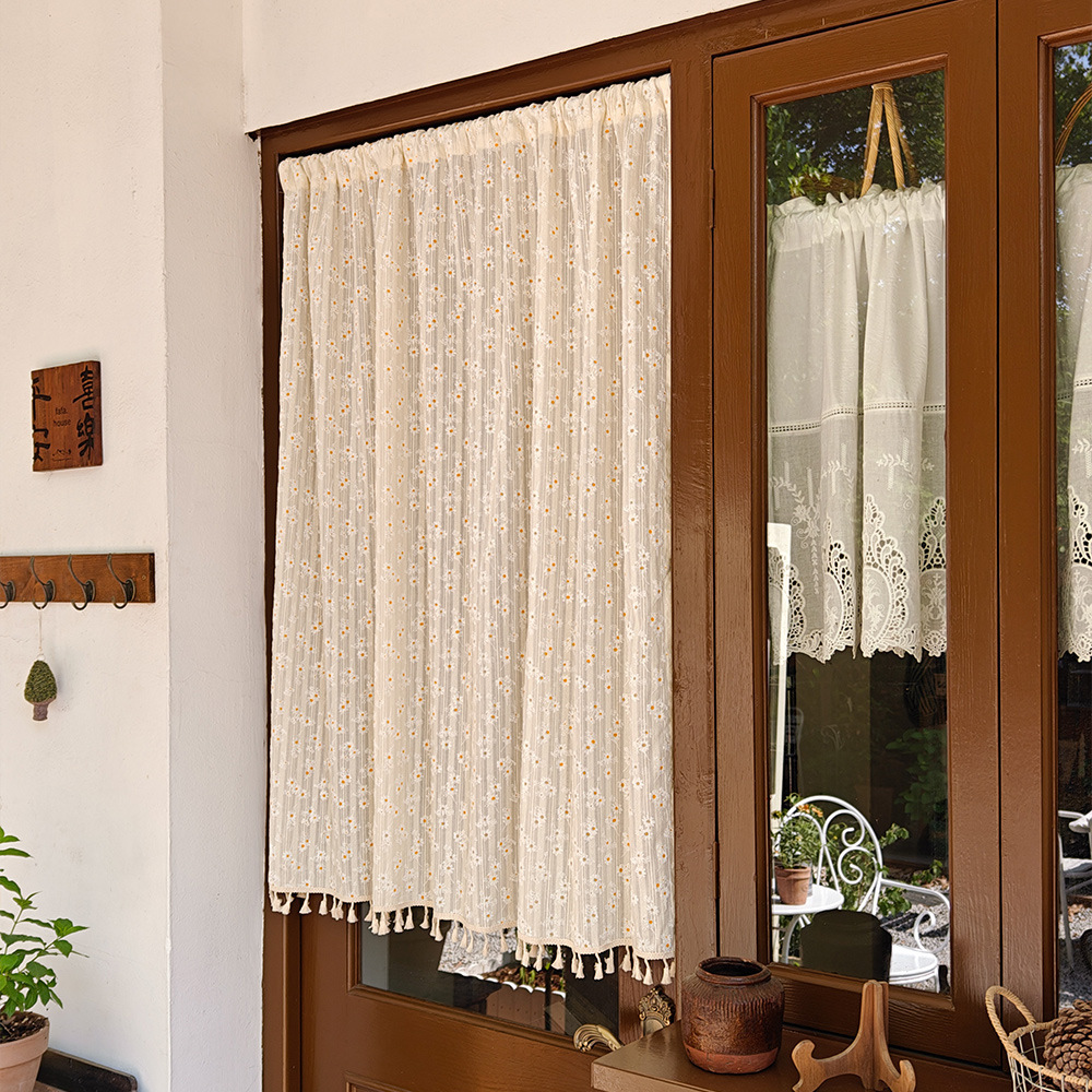 Vintage Daisy Half Curtain Curtain Kitchen Bedroom Partition Curtain Cabinet Shelter Curtain Home Punch-Free Fabric Door Curtain