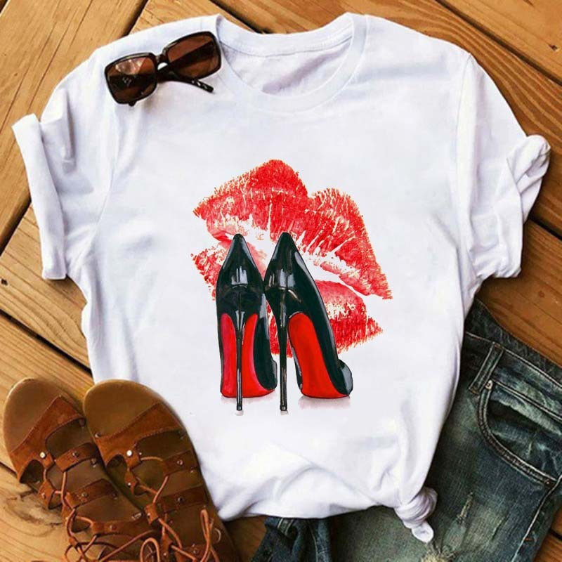 Short Sleeve 2024 new women's red lips shoes printed Harajuku T-shirt Girls Fashion beautiful T-shirt T-shirt