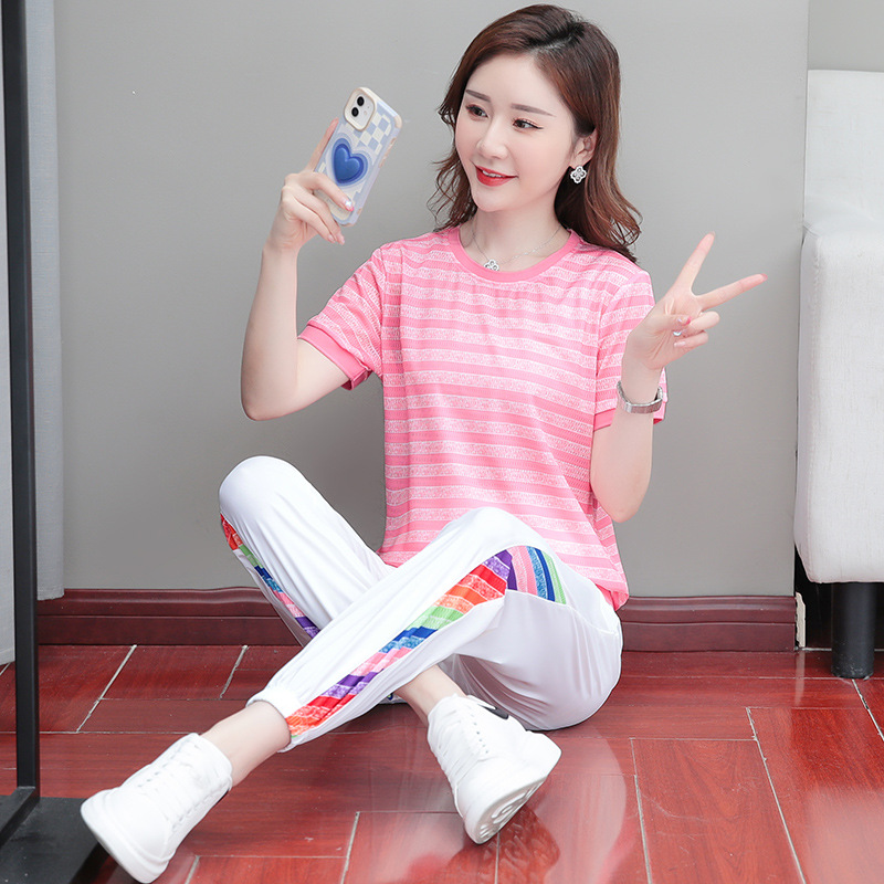 Picture of Ice Line Quick-drying Stretch Vertical Fashion Casual Sports Suit Women's Summer Thin Mesh Breathable Striped T-shirt Trendy