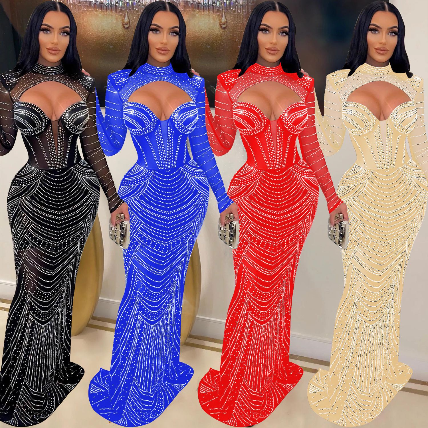 OS6843 Cross-border Summer New European and American Women's Sexy Mesh Rhinestone Perspective Long-sleeved Women's Dress
