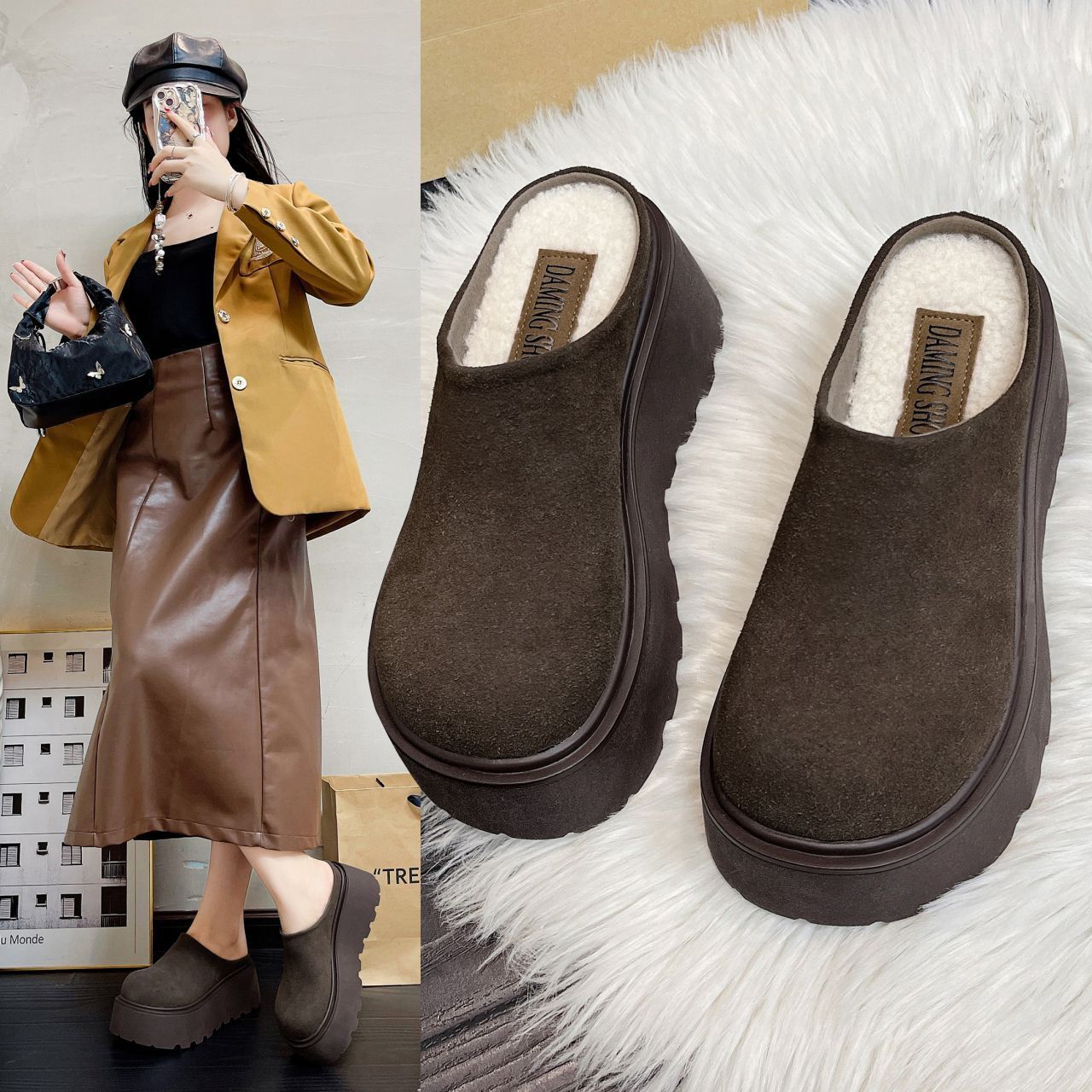 Slip-in Birkenstock Shoes Toe Half Slippers Women's Outfit 2024 Autumn and Winter New All-match Thick-soled Casual Bread Slippers