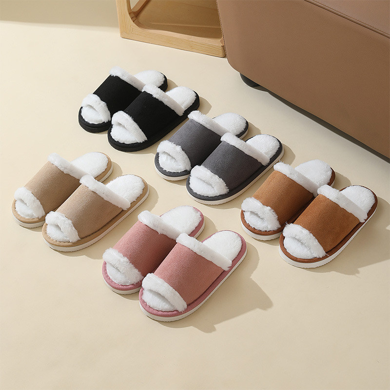 Suede Cotton Slippers Women's Autumn and Winter Indoor Home Soft Bottom Comfortable Thickened Couple's Mao Mao Open Cotton Slippers for Winter