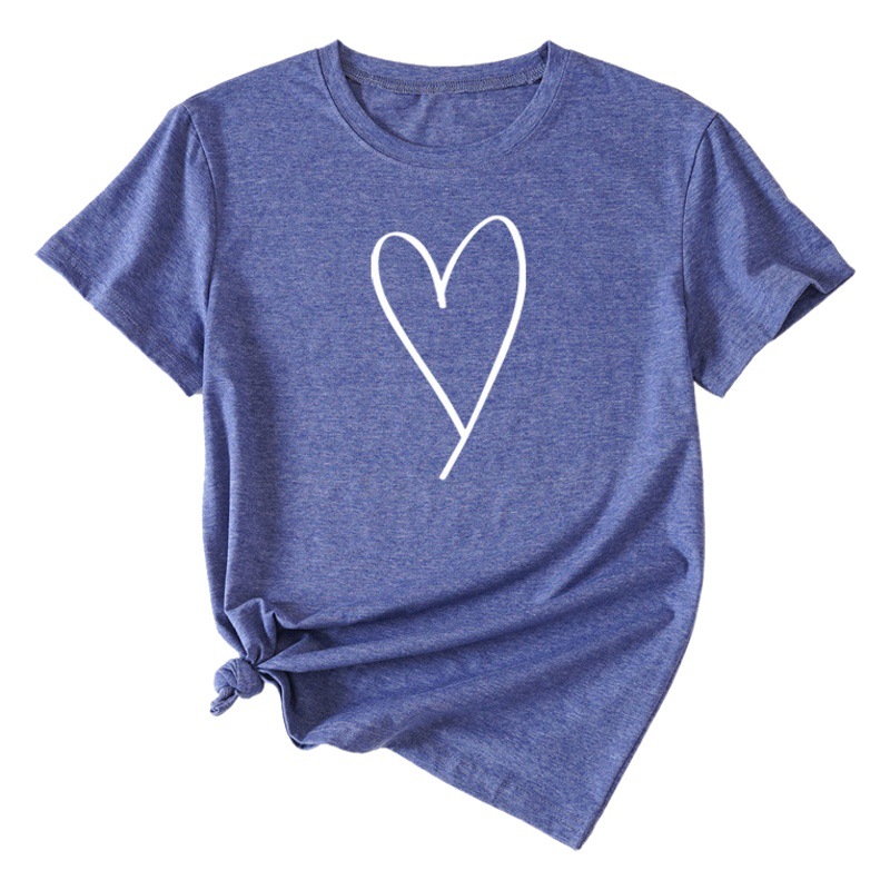 Wish Amazon Independent Station European and American Fashion Women's Tops Simple Heart Pattern Printed Casual Round Neck Short Sleeves