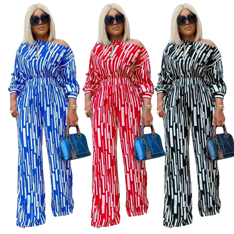 Picture of Explosions wish Europe and America 200 Jin plus size Women's Stripe Printed Oblique Long Sleeve Shoulder Loose Fashion Leisure suit Women