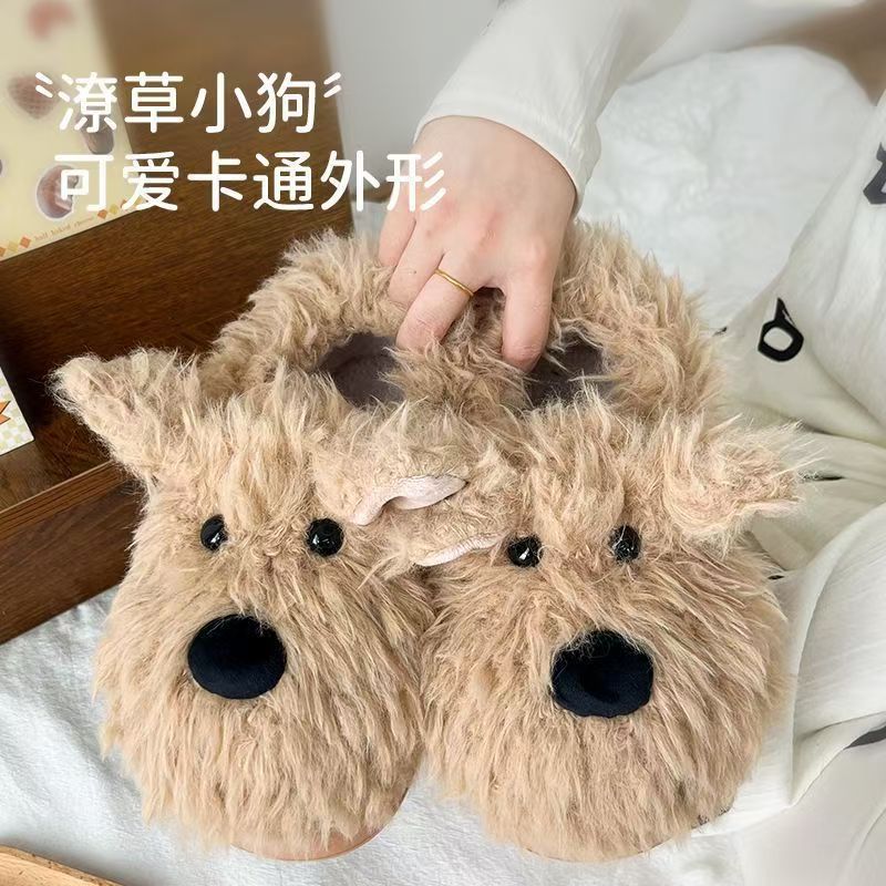 Cute dog cotton slippers for women, winter indoor non-slip warm half-pack heels plush postpartum soft sole furry slippers