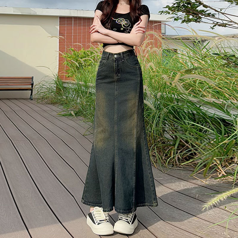 American Retro Denim Skirt Women's Autumn 2024 New High Waist Slim A- Line Hip Fishtail Mid-Length Skirt