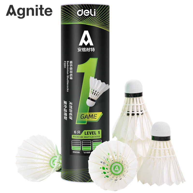 Deli Badminton Sports Angette F2201 Badminton White (6 Pcs/tube)) Goose Feather Badminton Platform Fiber Ball