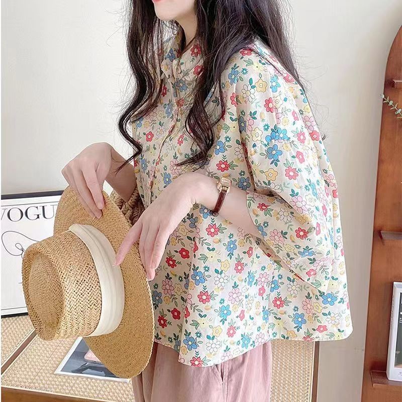 Summer Retro Hong Kong Style Printed Short Sleeve Shirt New Niche Design Sense French Pastoral Vacation Top