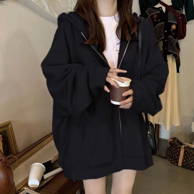 Picture of Hooded Sweater Jacket Women's 2024 New Retro Spring Autumn Winter fleece-lined Thickened All-match Loose Zipper Casual Cardigan