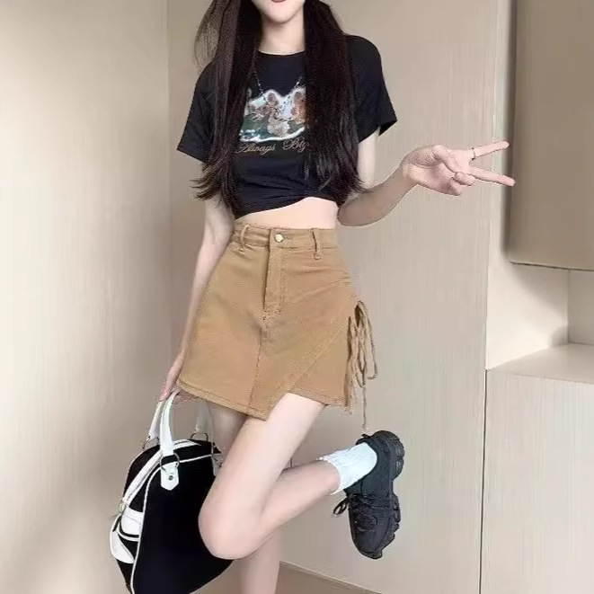 plus size Chubby Sister Drawstring Denim Bust Pants Skirt Women's Summer 2025 New High Waist Slimming A- line Skirt Trendy