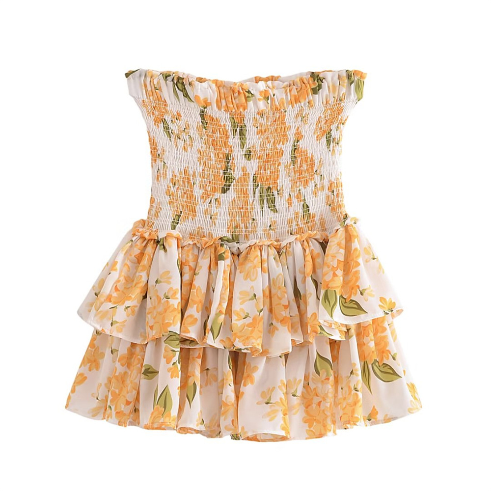 YPFF Fashionable Women's French Style Elegant Floral Printed Stretch Waist Cake Skirt Summer New Puff Skirt