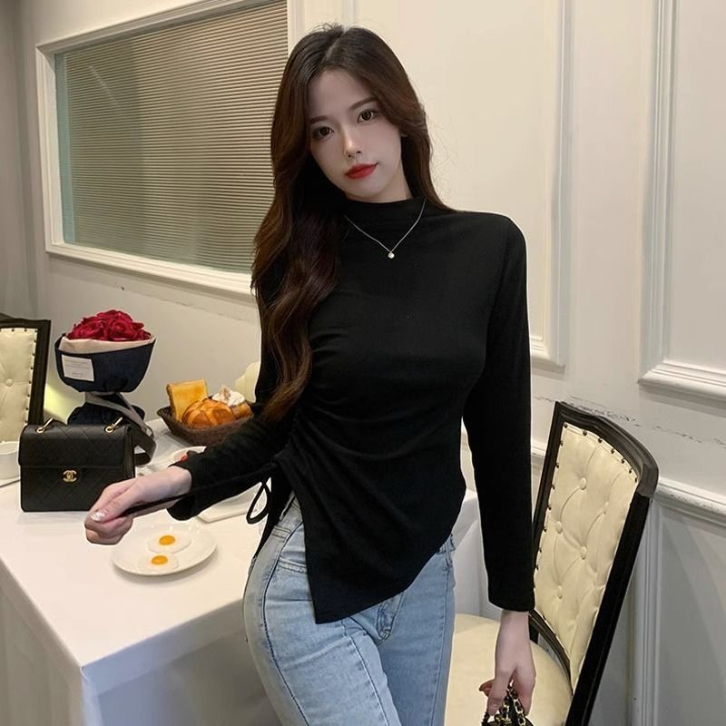 Super Soft Waxy Semi-high Neck Velvet Base Shirt Women's Autumn and Winter Slim-fit Slimming Irregular Drawstring Warm Top