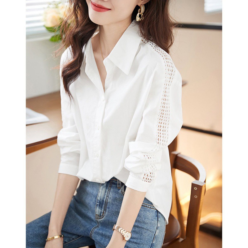 Picture of 2024 New Niche Chic Shirt Spring and Autumn Temperament Shirt Sleeves Hollow Texture Commuting Easiest for Match White Shirt for Women