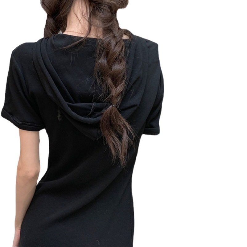Hooded Dress for Women Summer New Style Zipper Slight Slit Waist Slimming Look Sweet and Spicy Pure Color Style Short-Sleeved Skirt
