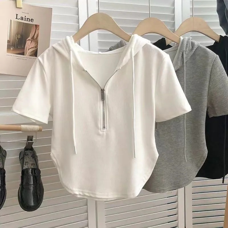 Summer New Style Pure Desire Style Short Hot Girl Women's Clothing 2024 Solid Color Drawstring Hooded Zipper White Short-sleeved T-shirt Top