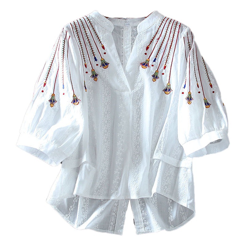 Spring and summer new lace V-neck temperament embroidery flower design high waist versatile lantern sleeve shirt women's top agent